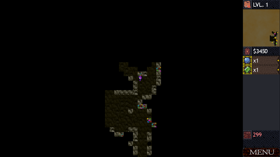 The dungeon state, in which the player can move their character around the map in order to find the exit, or start mining