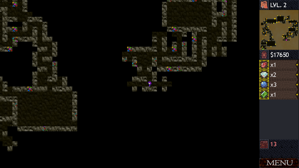 The dungeon state, in which the player can move their character around the map in order to find the exit, or start mining